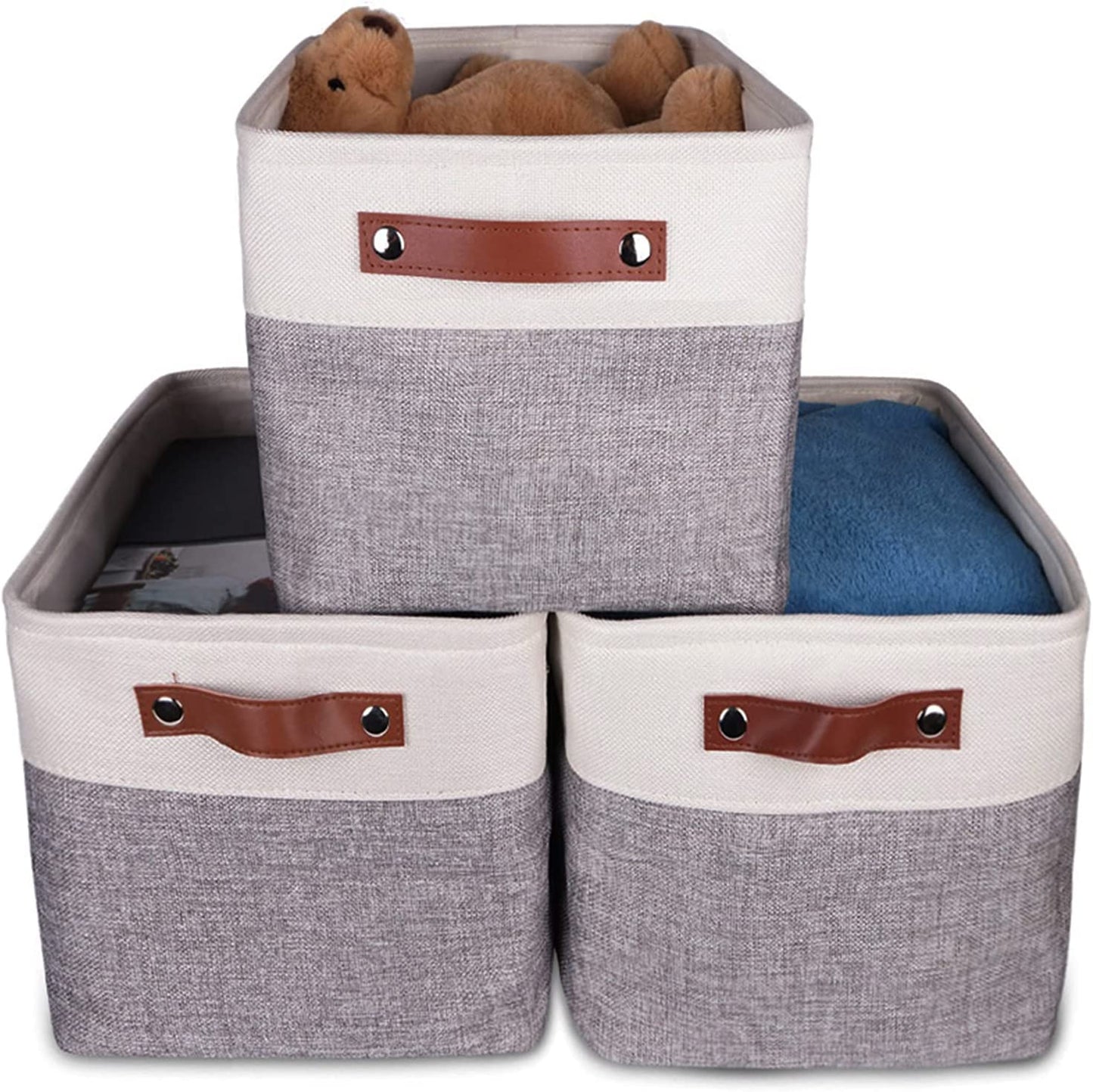 HOSEN Storage Basket Set 3 Pack Large 14 L x 10 W x 9 H - Collapsible Cotton Basket with 2 Handles Organizer Basket Bin Box for Organizing Shelf Nursery Home Closet (Coffee)