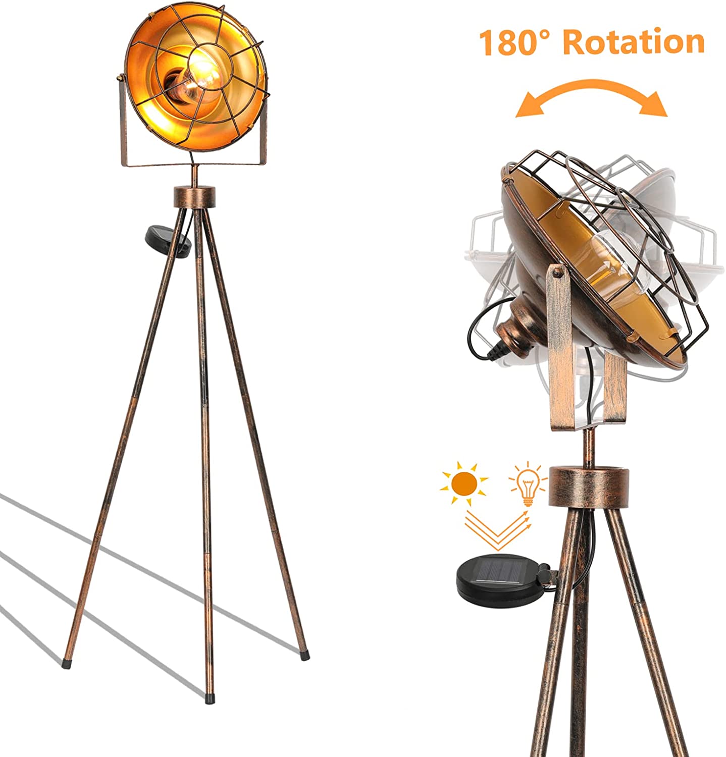 Solar Patio Floor Lamp Outdoor Pathway, Solar Powered Tripod Spotlight Standing Floor Lamp Waterproof Cordless Path Deck Lights Decorative for Garden Patio Lawn Edison Bulb Included