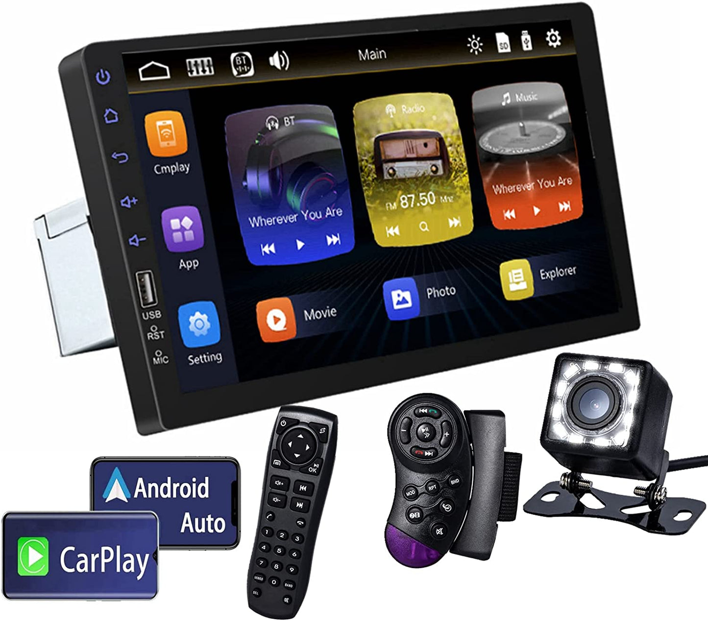 Single Din Car Stereo Compatible with Apple Carplay Android Auto 9 Inch Touch Screen Car Stereo with Bluetooth Car Radio MP5 Player with A/V Input Mirror Link Backup Camera SWC