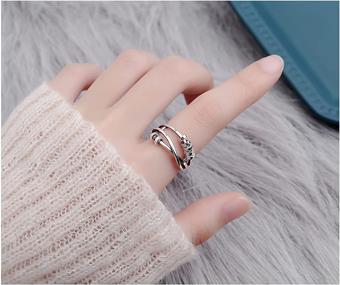 Silver Anti Anxiety Rings For Women Men Fidget Spinner Band Unisex Adjustable Stacking Spinning Worry Ring