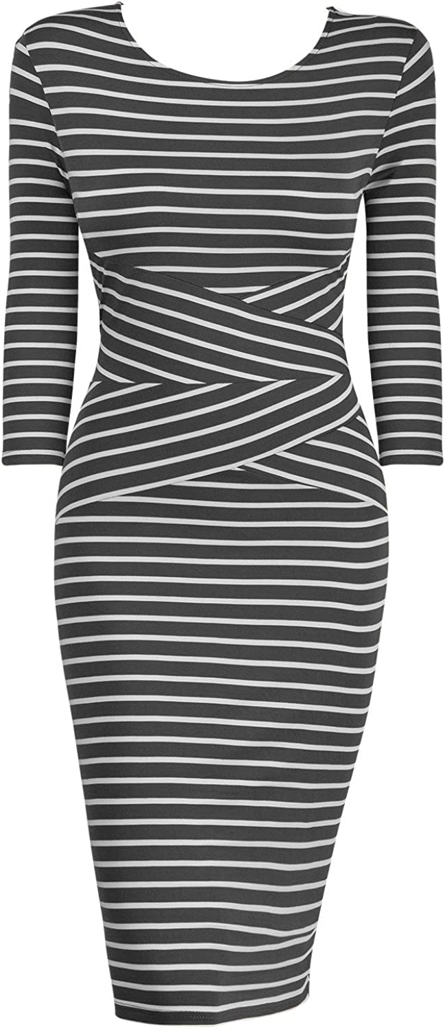 Women 3/4 Sleeve Striped Wear to Work Business Cocktail Pencil Dress