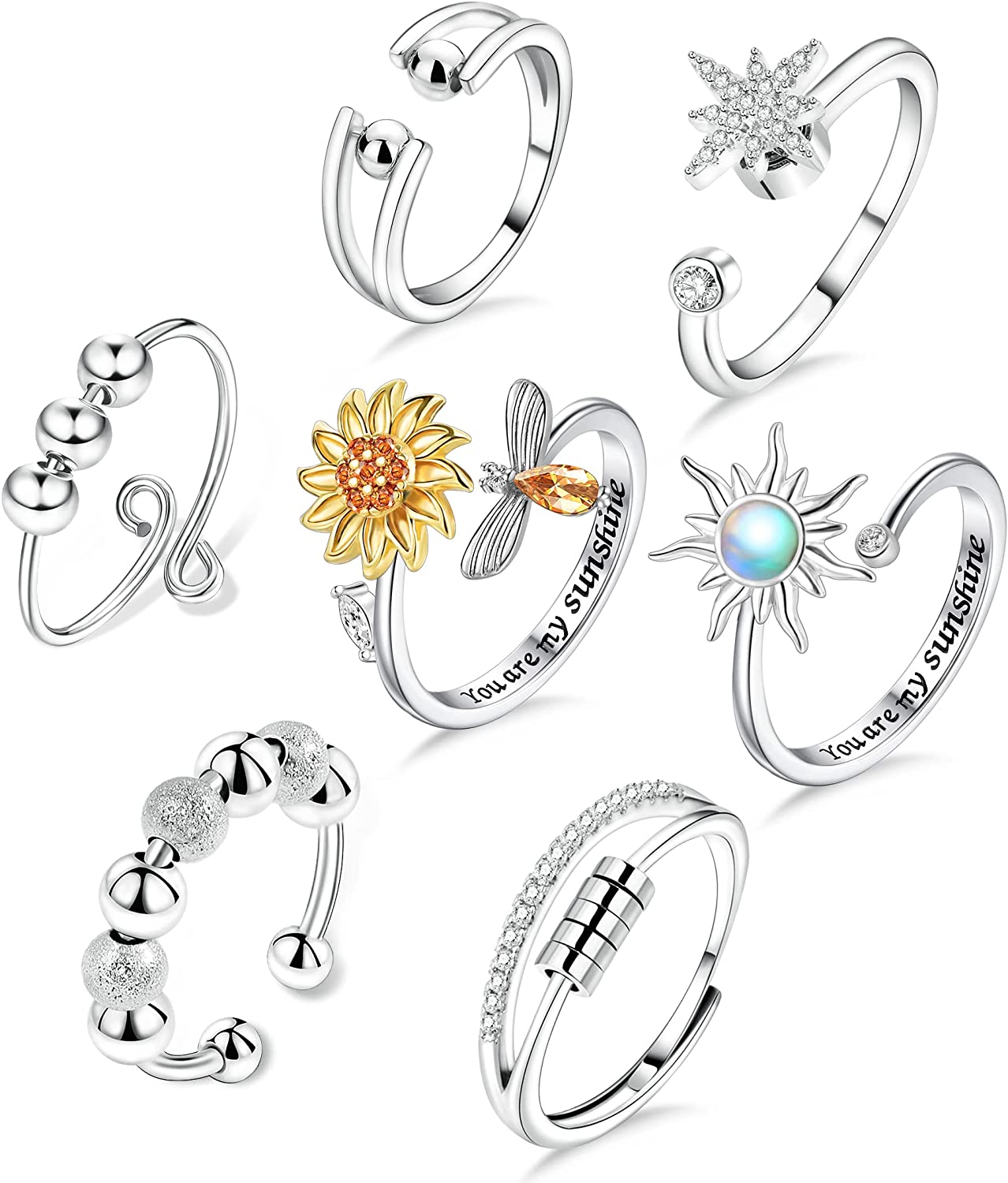 Adjustable Anxiety Ring for Women Fidget Rings for Anxiety Stress Relief for Teens with Cute Sunflower Bee Bead