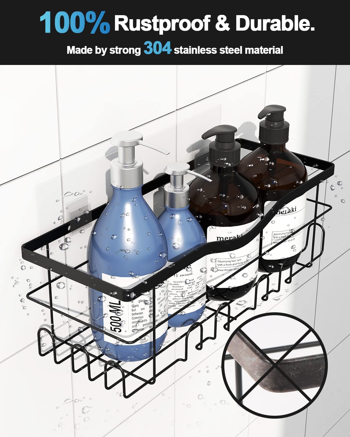 3 Pack Shower Caddy Organizer, Adhesive Shower Shelf for Inside Shower,Stainless Steel Bathroom Organizer Shelf Shower Basket Storage Shower Rack, Shower Wall Caddy with 4 Removable Hooks Metal Black