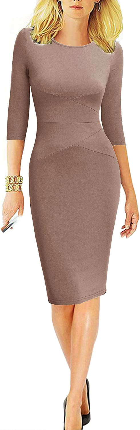 Women 3/4 Sleeve Striped Wear to Work Business Cocktail Pencil Dress