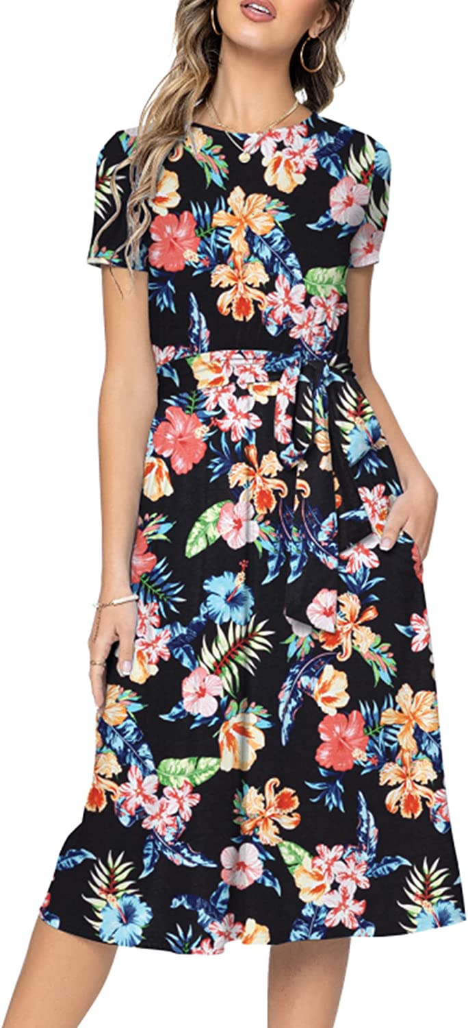 Women's Short Sleeve Striped Casual Flowy Midi Belt Dress with Pockets