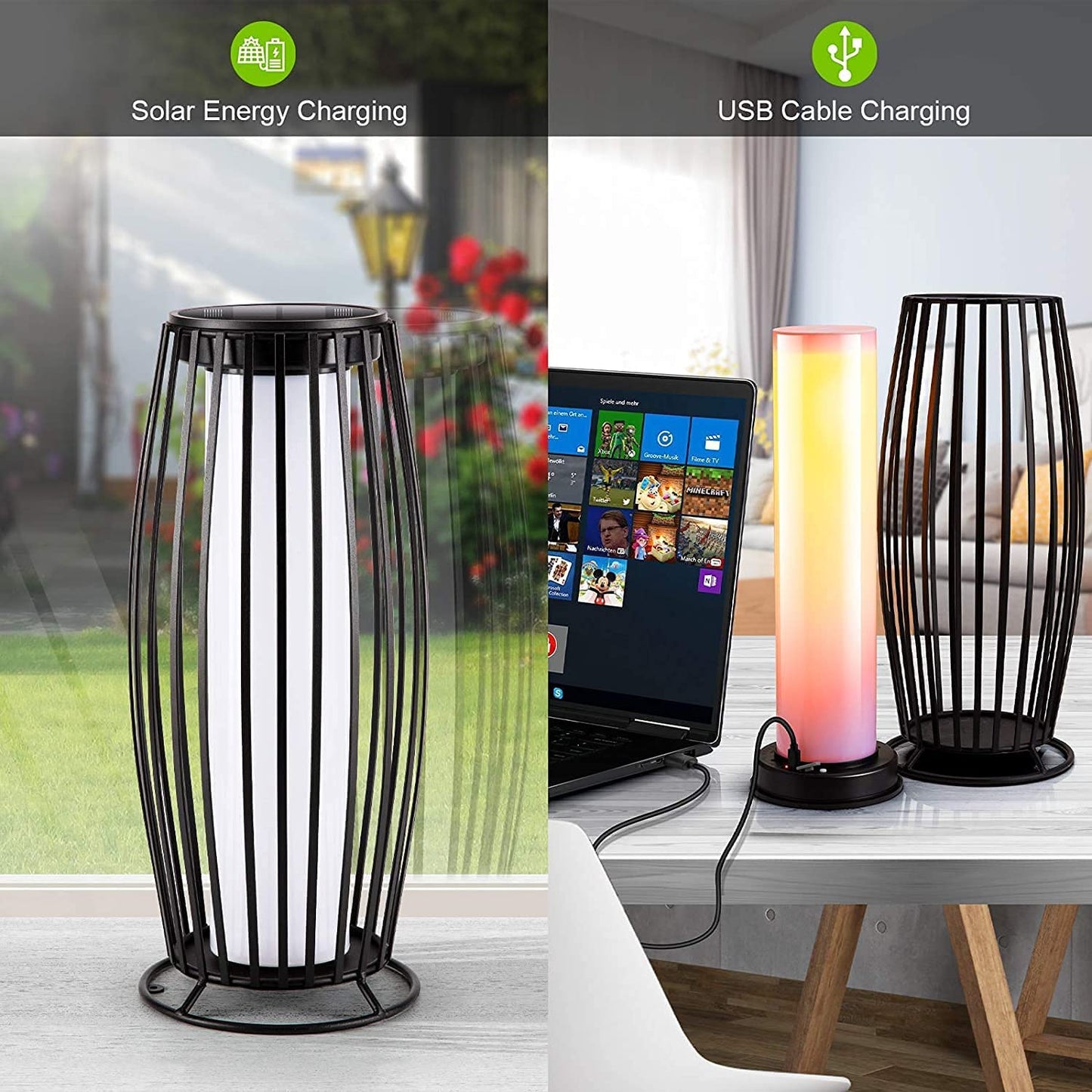Nenrent Solar Lantern Outdoor Floor Lamp,Solar Powered/USB Charge,Solar Flickering Flame Lantern for Patio Garden Deck Porch Balcony Decoration,Waterproof&Super Long Endurance(1 Pack)