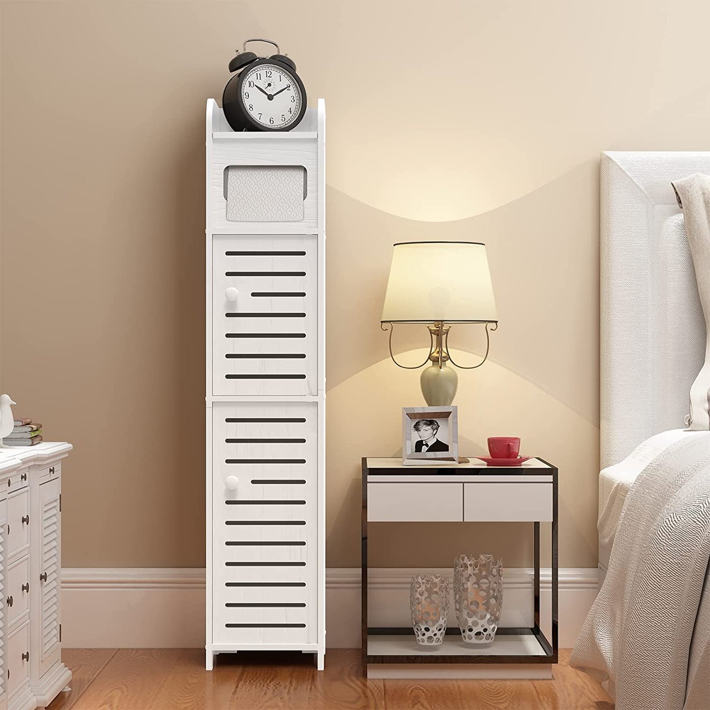 Upgrade Small Bathroom Storage Cabinet with 2 Doors and 2 Shelves, W6.1 x D6.1 x H31.5 Bathroom Organizer, 4 Tier Design Toilet Paper Storage Stand for Small Space and Corner(White)