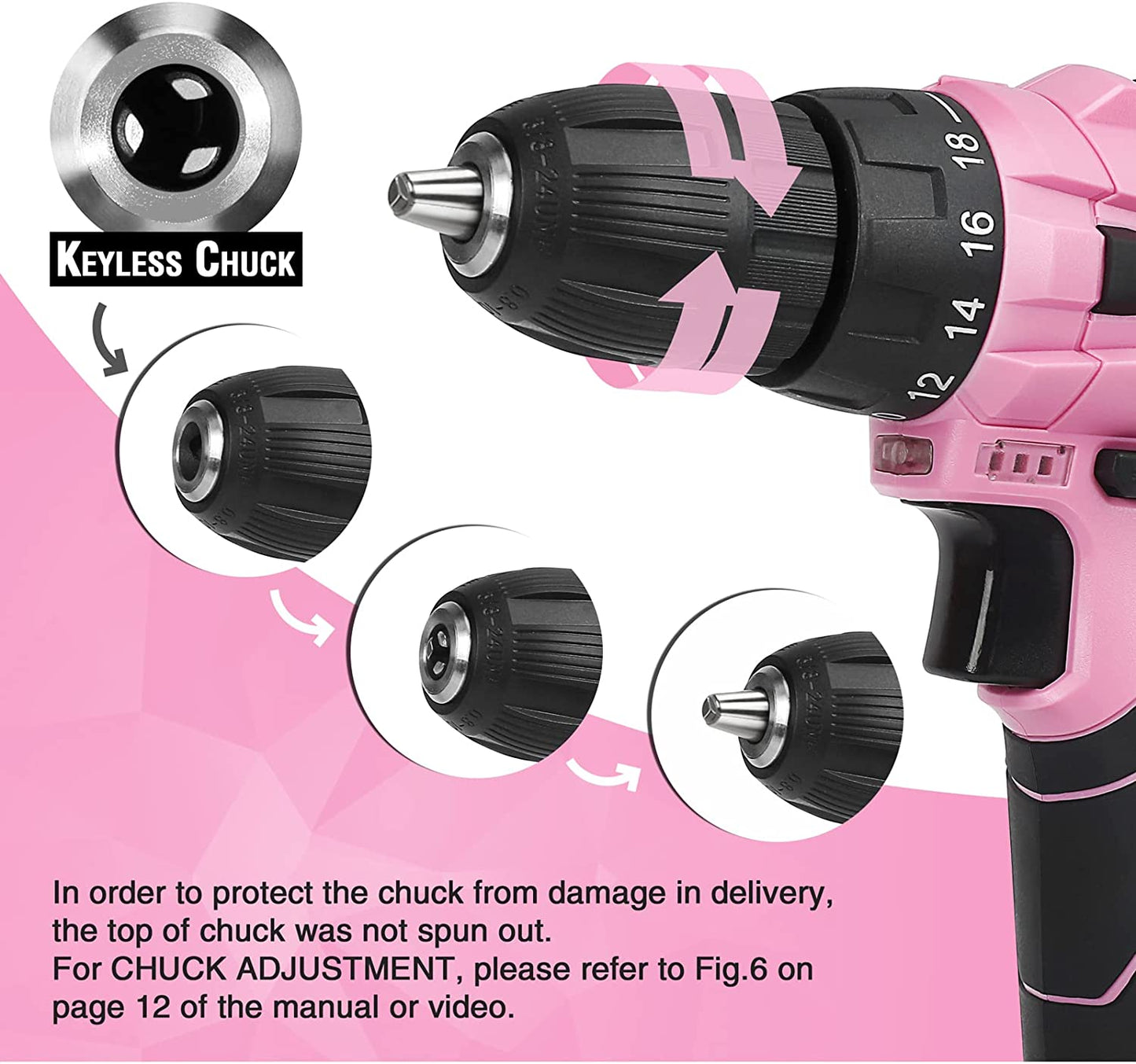 12V Pink Cordless Drill Driver and Home Tool Kit, 61-Piece Hand Tool Set for DIY, Home Maintenance, 14-inch Storage Bag Included - Pink Ribbon
