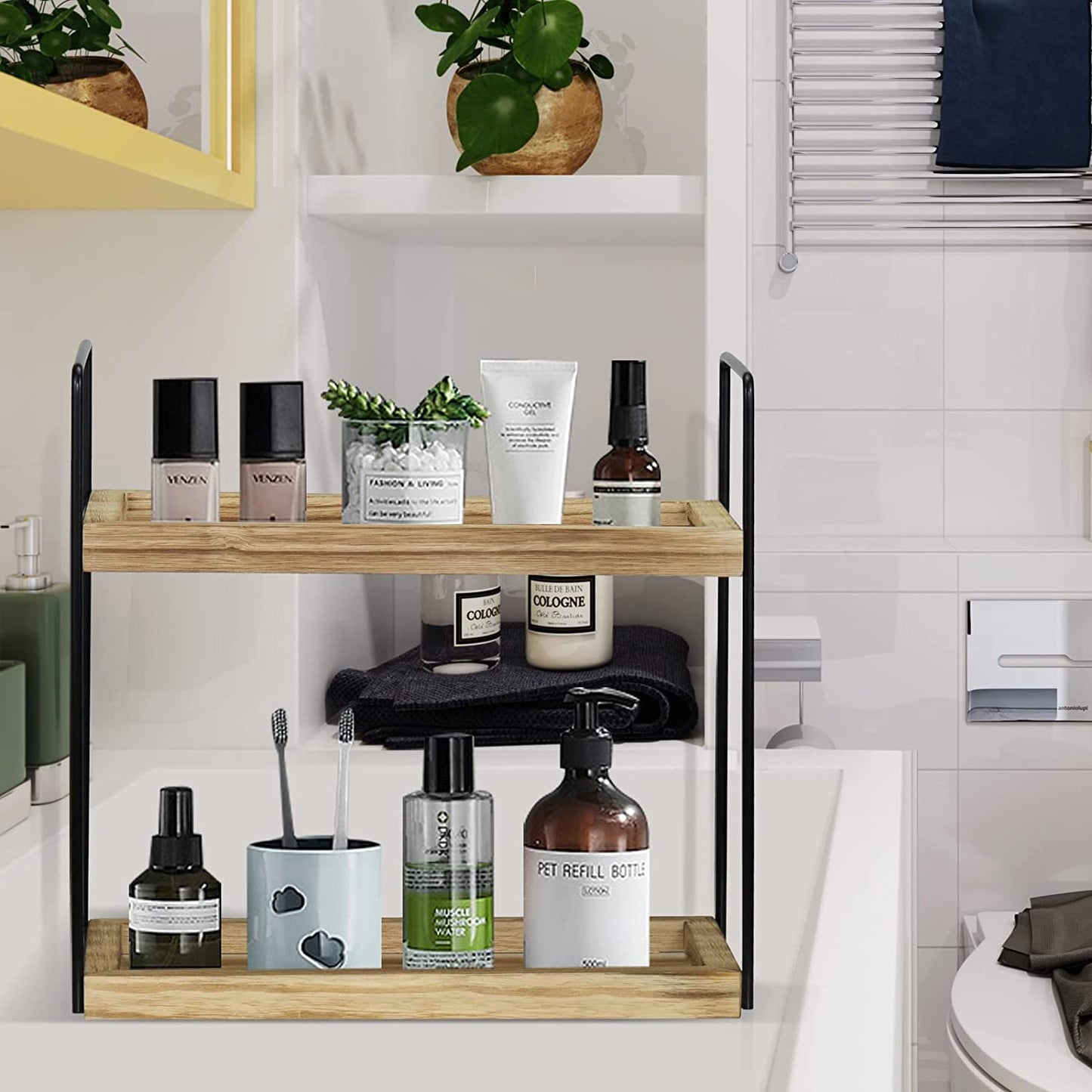 2-Tier Bathroom Organizer Cuntertop, Wood Bathroom Counter Organzier and Storage Shelf, Vanity Organizer Bathroom Counter Tray Cosmetic Makeup Shelf, Kitchen Counter Organizers Spice Rack