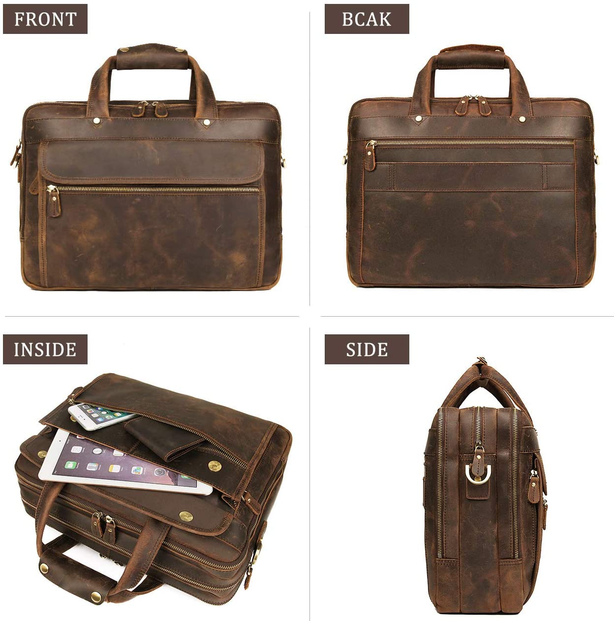 Augus Leather Briefcase for Men Business Travel Messenger Bags 15.6 Inch Laptop Bag YKK Metal Zipper, Brown