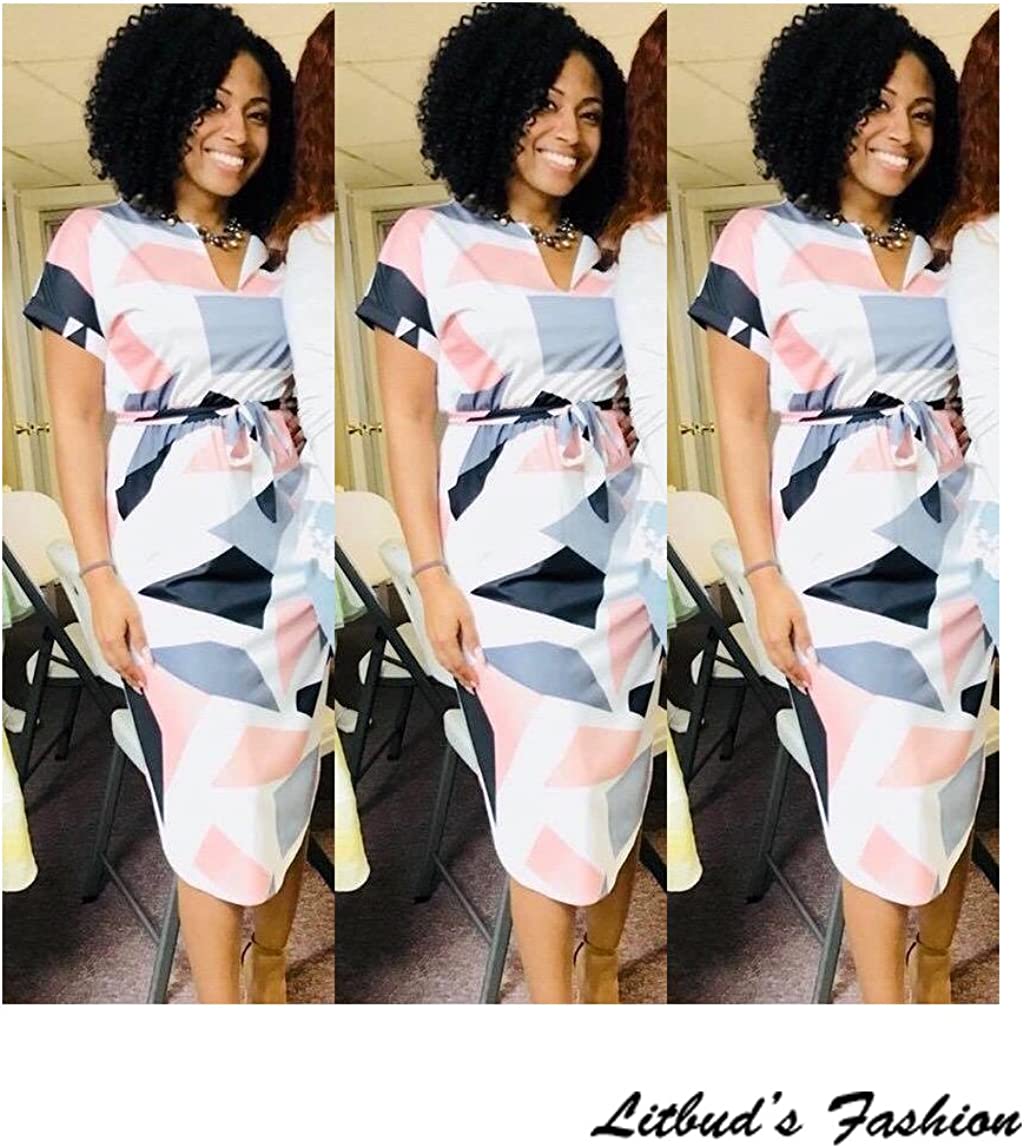 Womens Midi Dresses Summer V-Neck Short Sleeve Casual Office Geometric Belted Dress