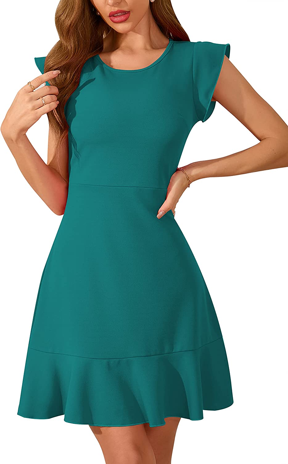 Women's Dress Elegant Ruffle Hem Flutter Sleeve A-Line Casual Cocktail Party Mini Dress