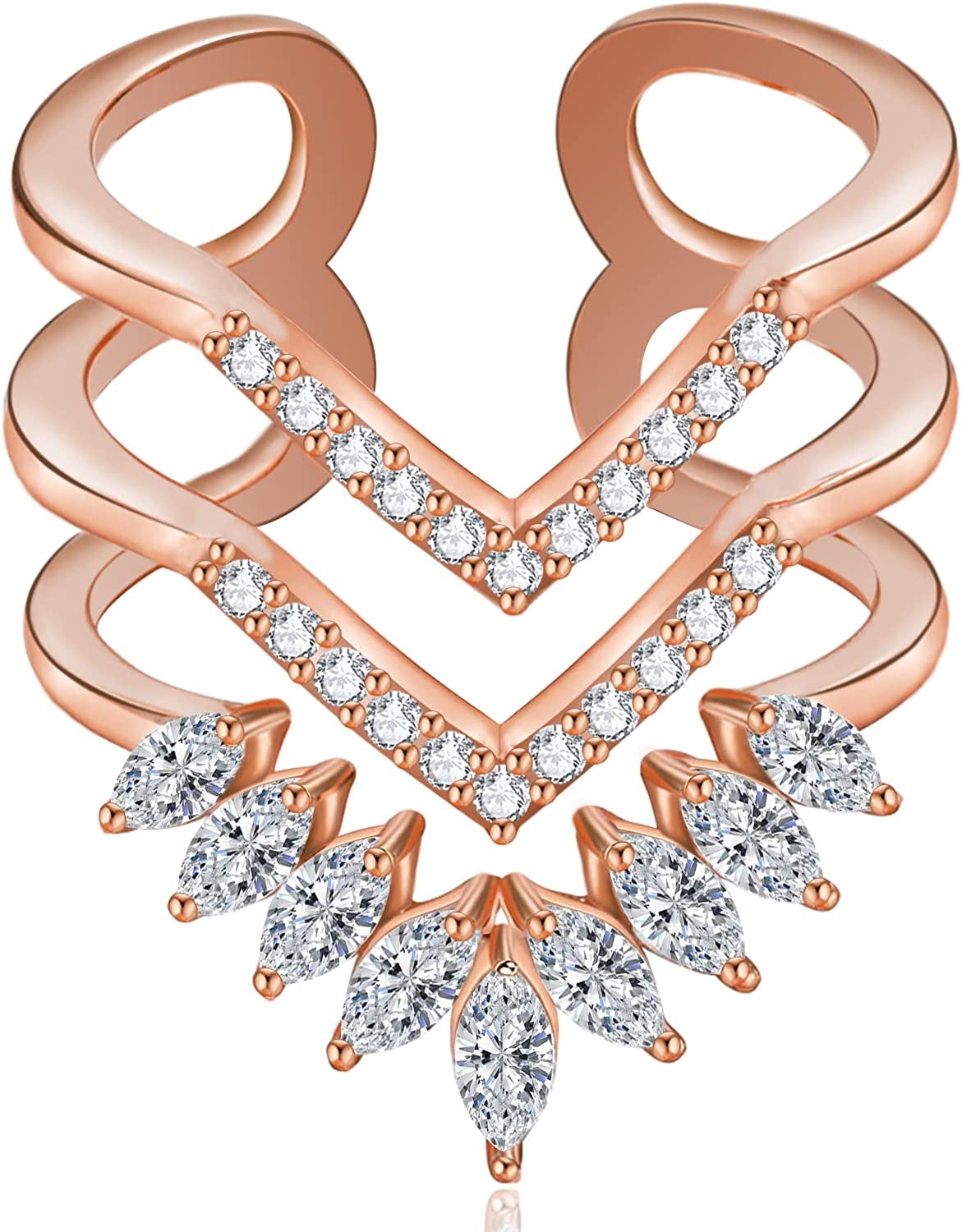 Gold Statement Rings for Women 14k Gold Plated Silver Rose Gold Evil Eye Chevron Pointed V Shaped Open Ring Marquise Cubic Zirconia Adjustable Rings for Teen Girls