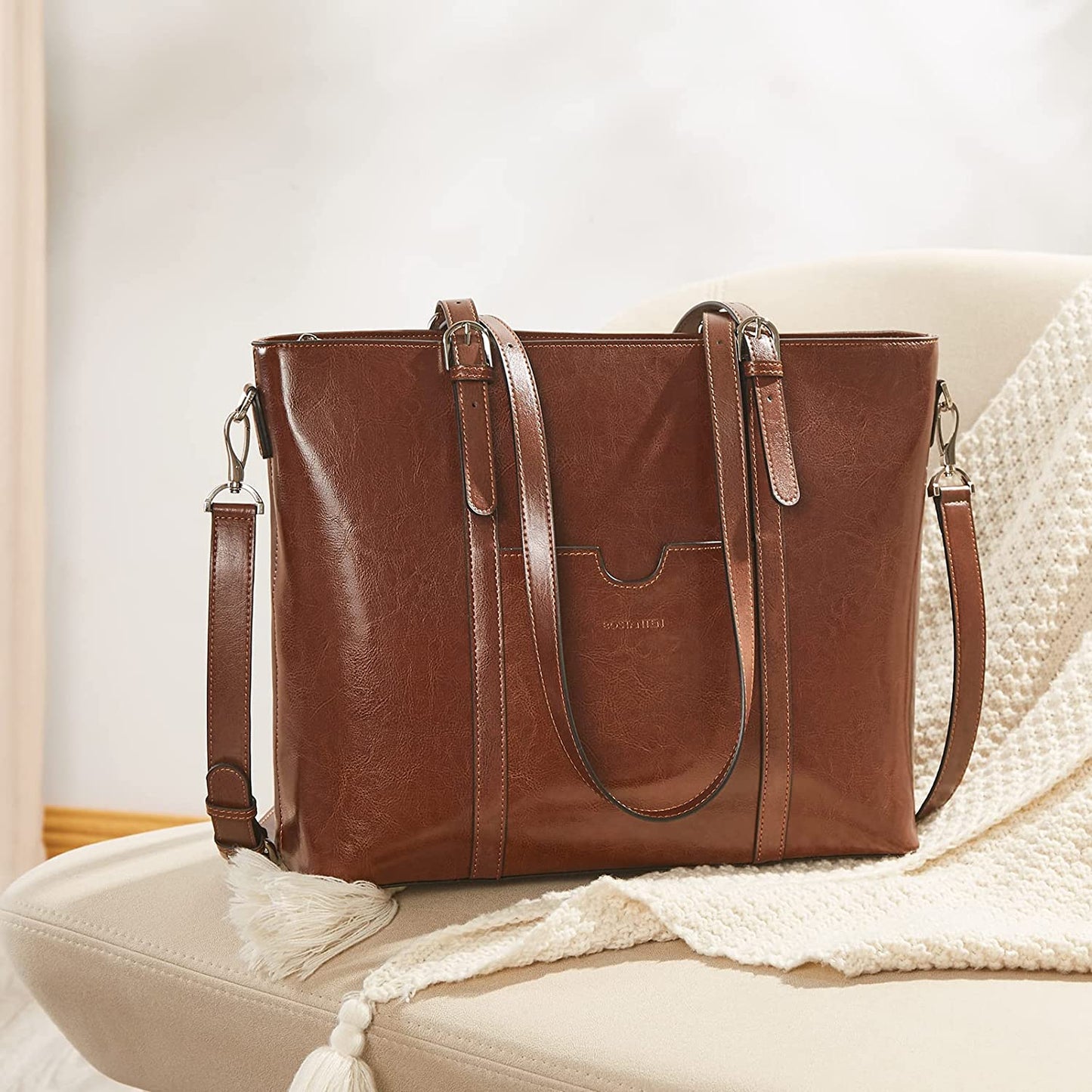 Women Leather Laptop Tote Office Shoulder Handbag Vintage Briefcase 15.6 inch Computer Work Purse
