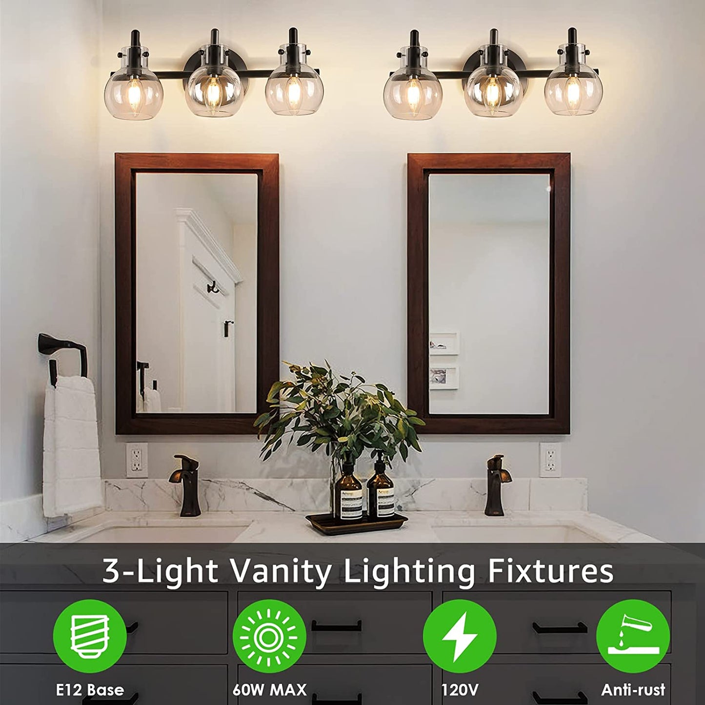 Vanity Light Fixtures, Modern 3 Lights Wall Sconce Lighting Matte Black, Farmhouse Metal Wall Lamp with Globe Glass Shade, Porch Wall Mount Light Fixture for Mirror Cabinets Hallway Stairs