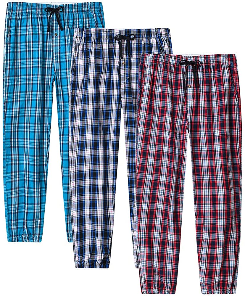 Men's Pajama Pants Plaid Sleapwear Pants Loungewear Bottom Button Fly/Drawstring/Pockets 3-Pack