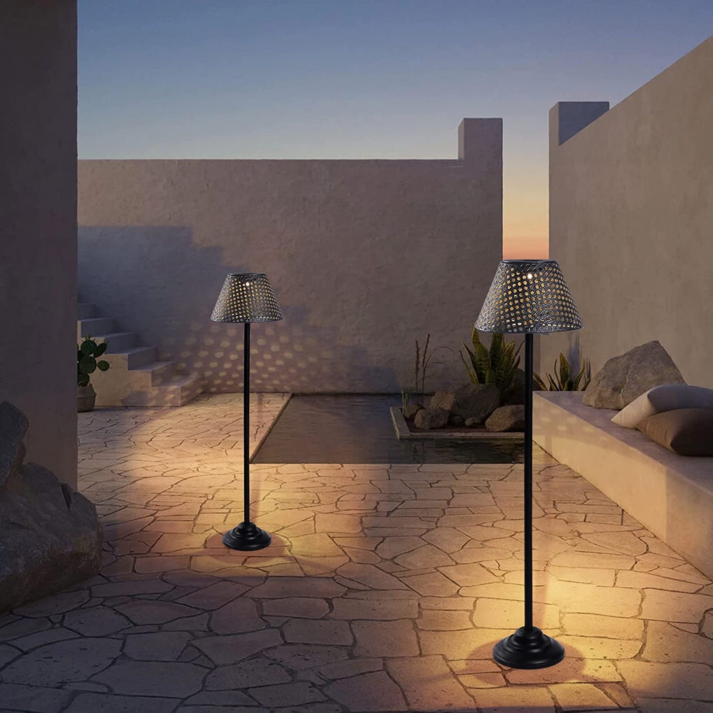 Solar Powered Patio Floor Lamp Outdoor Big Lantern Decorative Lights,Metal Deck Lamp Outdoor Cordless Path Light for Patio Lawn Yard Balcony Landscape(Black)