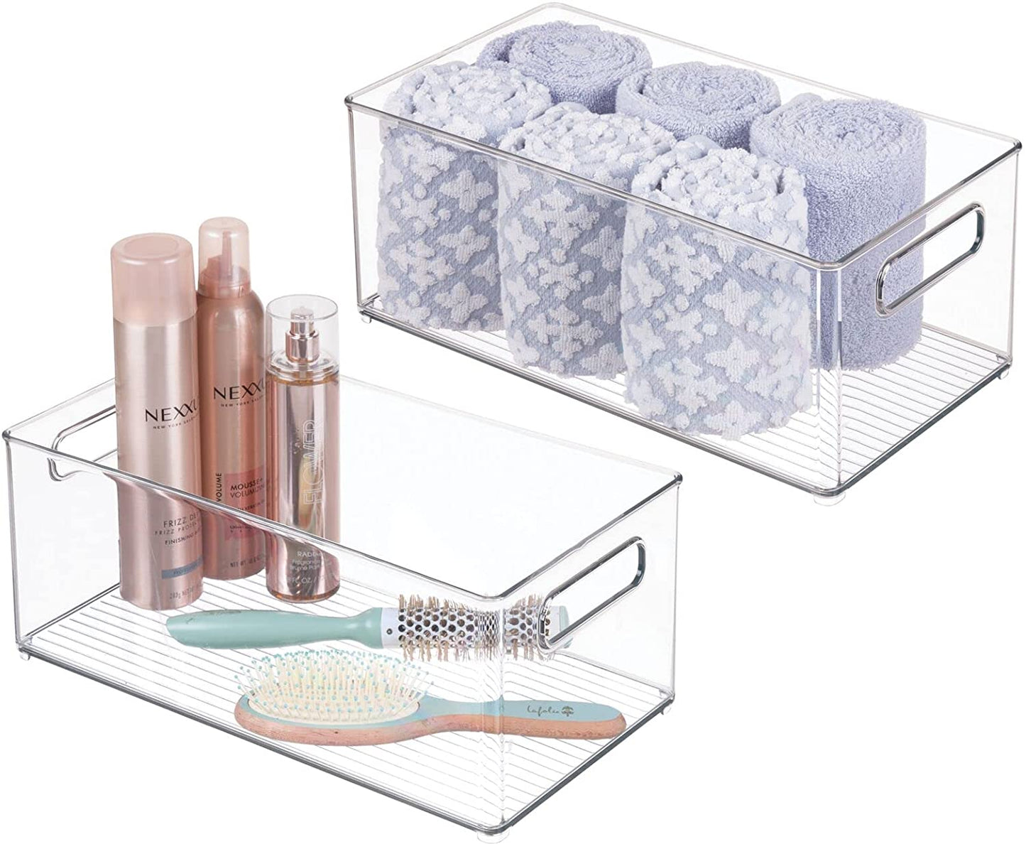 mDesign Plastic Bathroom Organizer - Storage Holder Bin with Handles for Vanity, Cupboard, Cabinet Shelf, Linen or Hallway Closets, Holds Styling Tools, Beauty Products, or Toiletries - 2 Pack - Clear