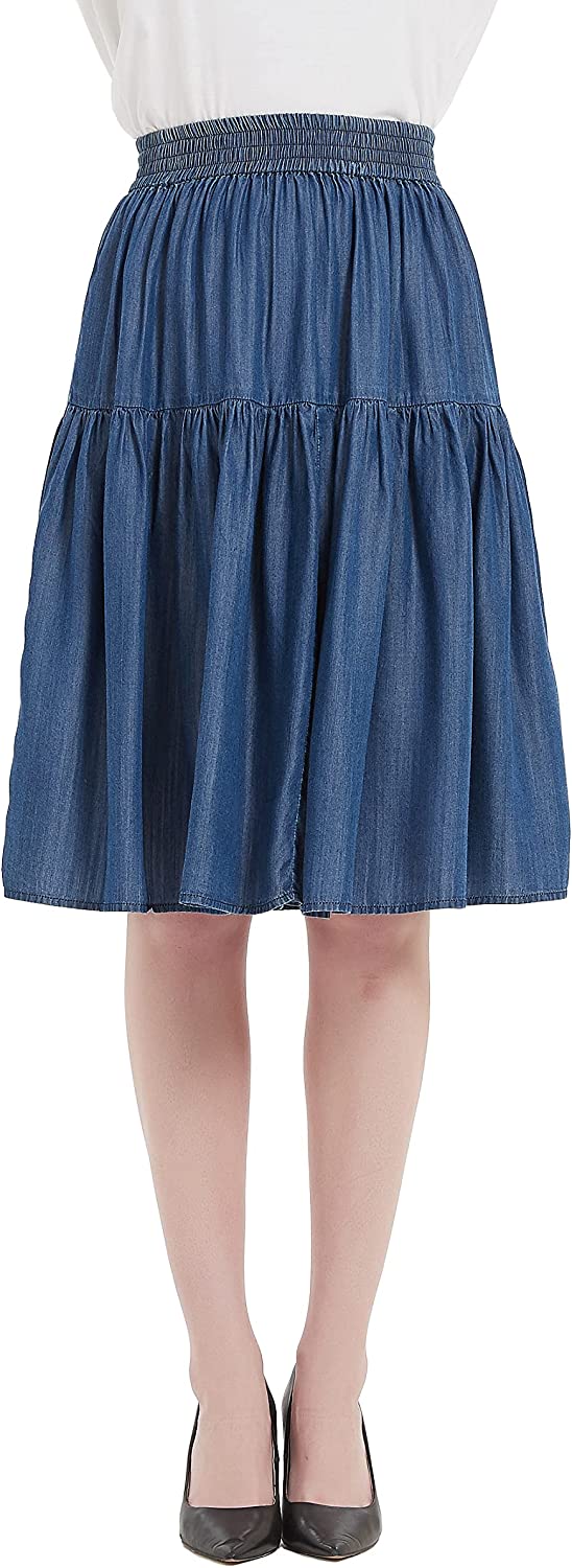 Womens A Line Lightweight Tencel Denim Tiered Short Skirt Knee Length