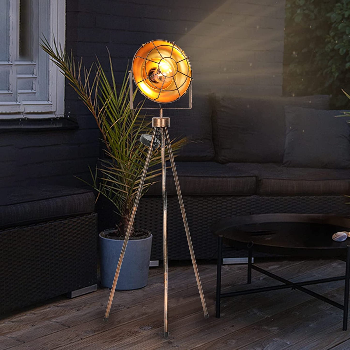 Solar Powered Outdoor Lights Decorative, Solar Pathway Lights Industrial Tripod Floor Lamp Spotlight Standing Solar Powered Lantern with Metal Legs Decor for Garden, Patio, Desk Edison Bulb Included