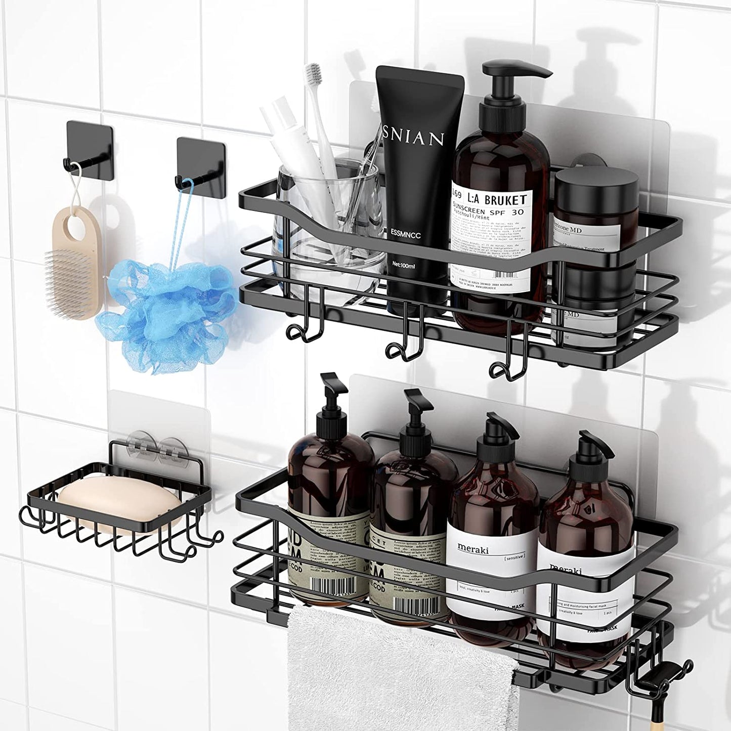 , 5-Pack Shower Shelf, Adhesive Shower Organizer No Drilling with Soap Holder, 7 Hooks, Rustproof Stainless Steel Shower Rack Wall Mounted Bathroom Shower Storage Shelves for Inside Shower