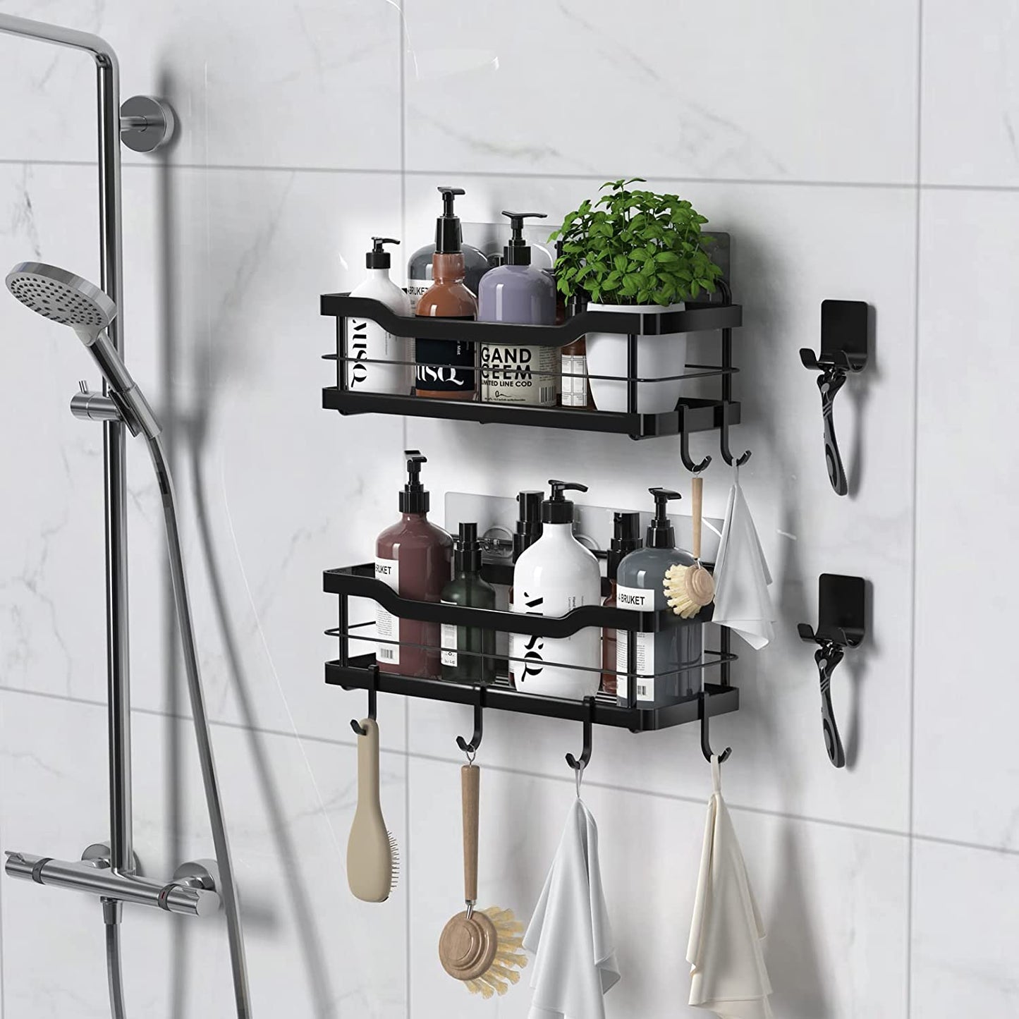 Carwiner Shower Caddy Bathroom Shelf 2-Pack, Basket with 8 Hooks for Hanging Shampoo Conditioner, SUS304 Stainless Steel Rack Wall Mounted Storage Organizer for Kitchen, No Drilling (Black)