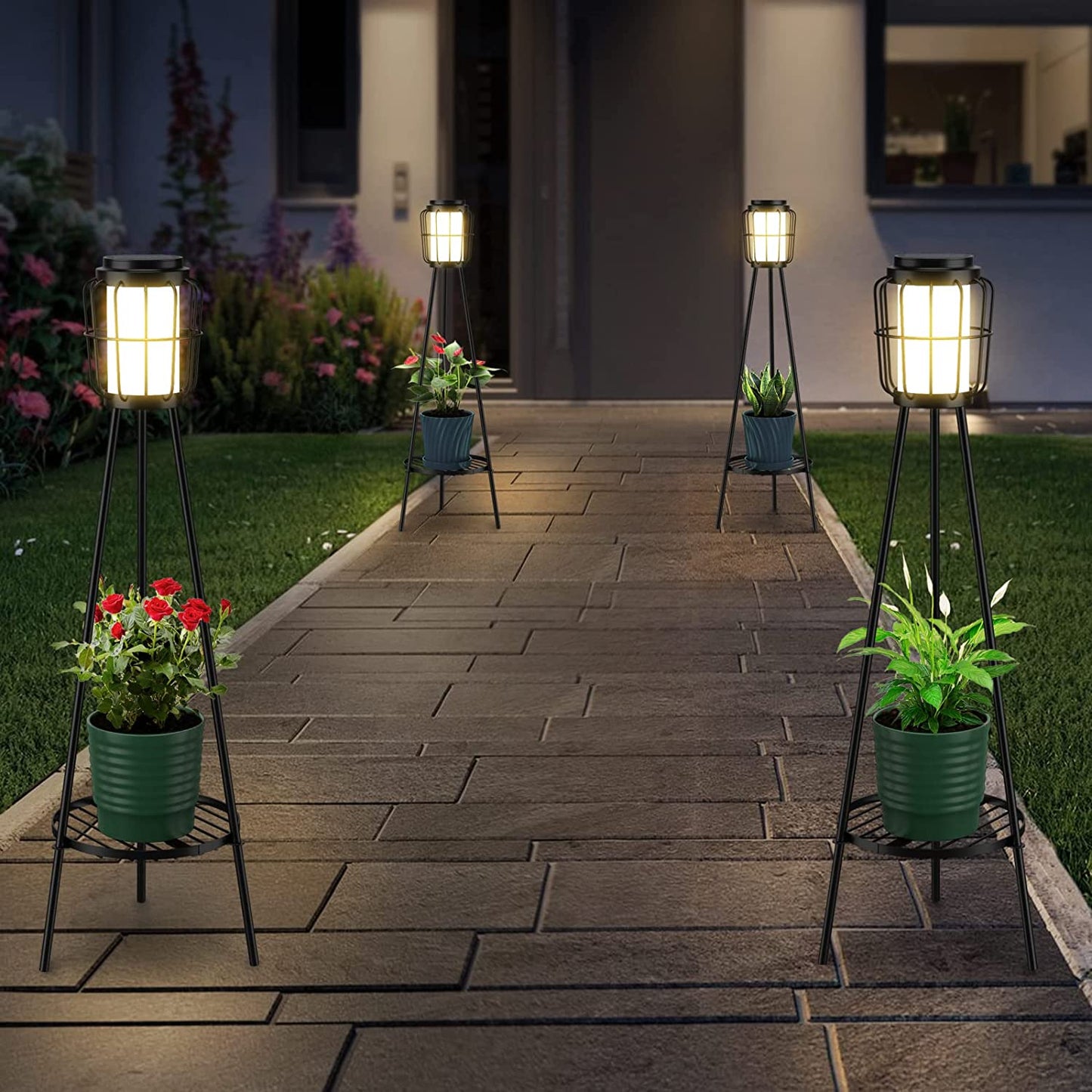 Solar Outdoor Floor Lamp Waterproof (2pcs), Metal Solar Lights Outdoor with Plant Stand, Outdoor Lamp for Deck Patio Yard Garden Decor