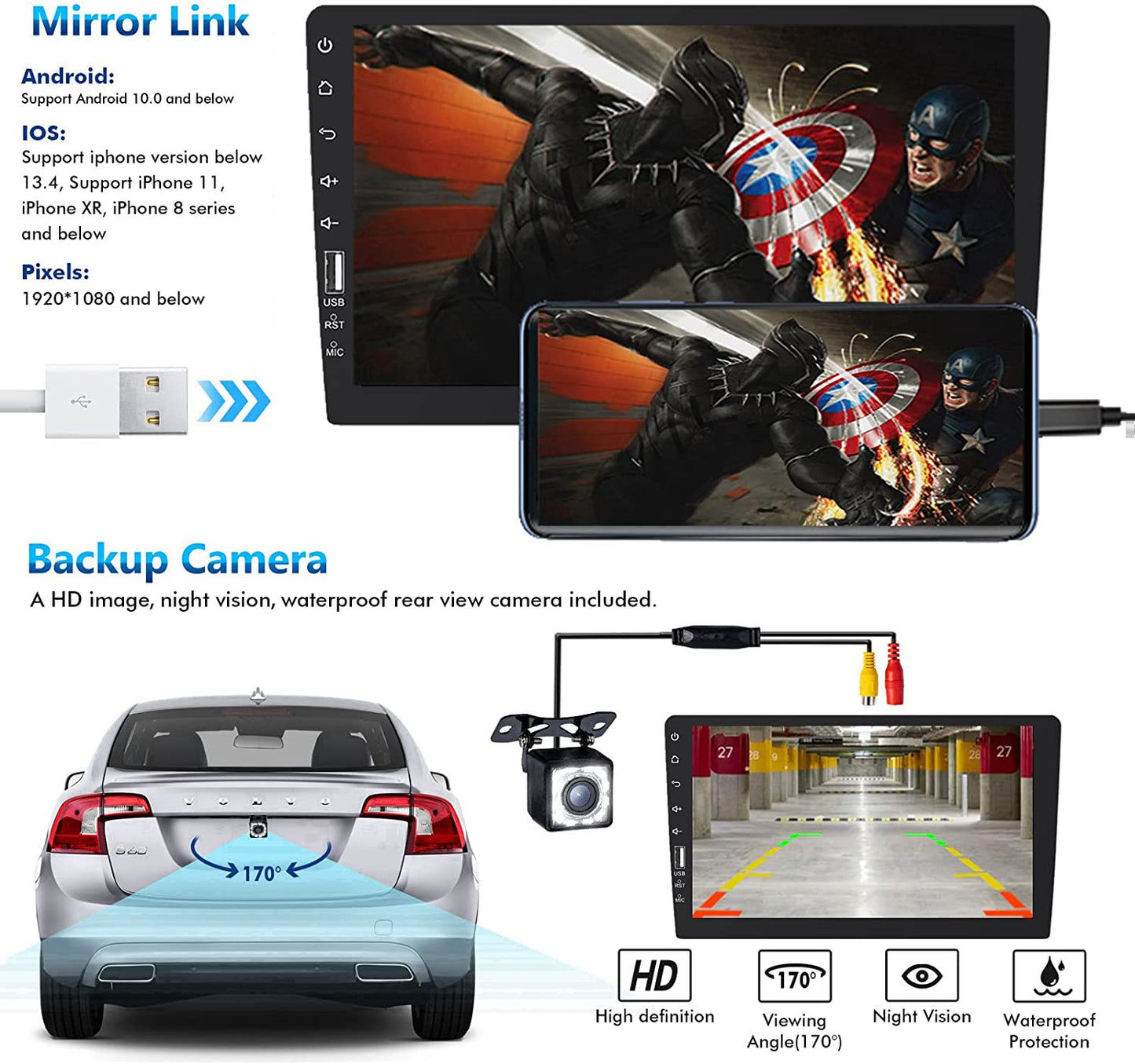 Single Din Car Stereo Compatible with Apple Carplay Android Auto 9 Inch Touch Screen Car Stereo with Bluetooth Car Radio MP5 Player with A/V Input Mirror Link Backup Camera SWC