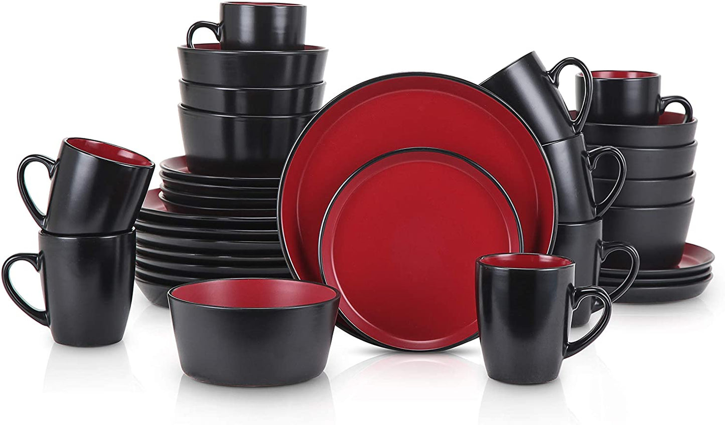 Stone Lain 16 Pieces Two-Tone Color Glaze without Rim Stoneware Round Dinnerware Set, Red and Black