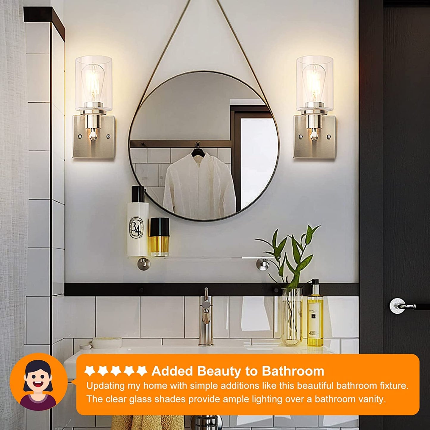 Sconces Set of 2, Brushed Nickel Sconces Wall Lighting, Modern Bathroom Vanity Light Fixtures, Farmhouse Metal Wall Lamp with Clear Glass Shade, Wall Mount Lights for Mirror Bedroom Hallway
