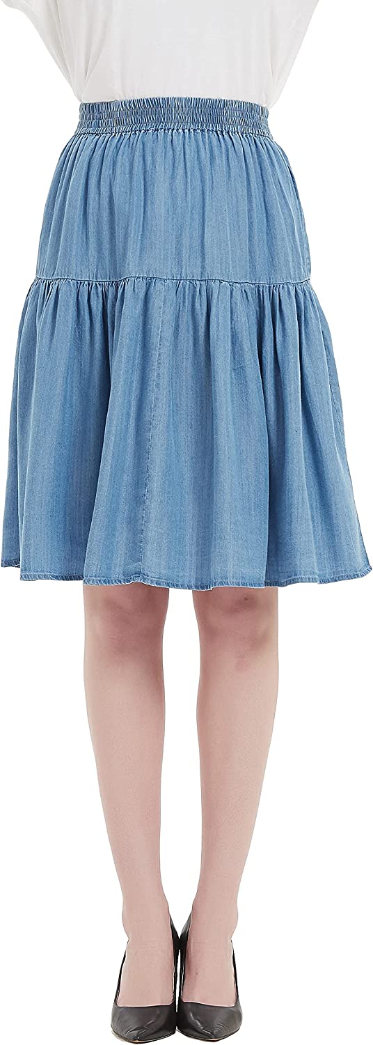 Womens A Line Lightweight Tencel Denim Tiered Short Skirt Knee Length