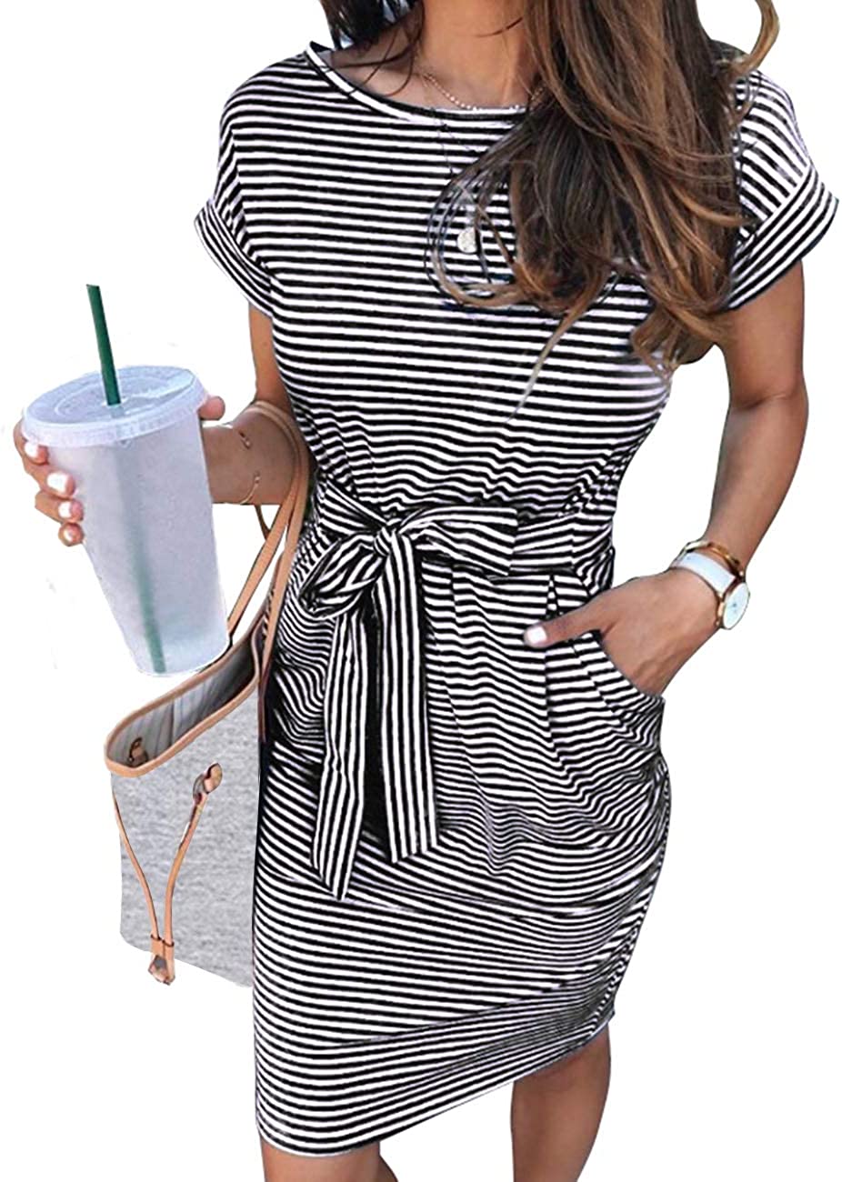 Women's Summer Striped Short Sleeve T Shirt Dress Casual Tie Waist Midi Dress