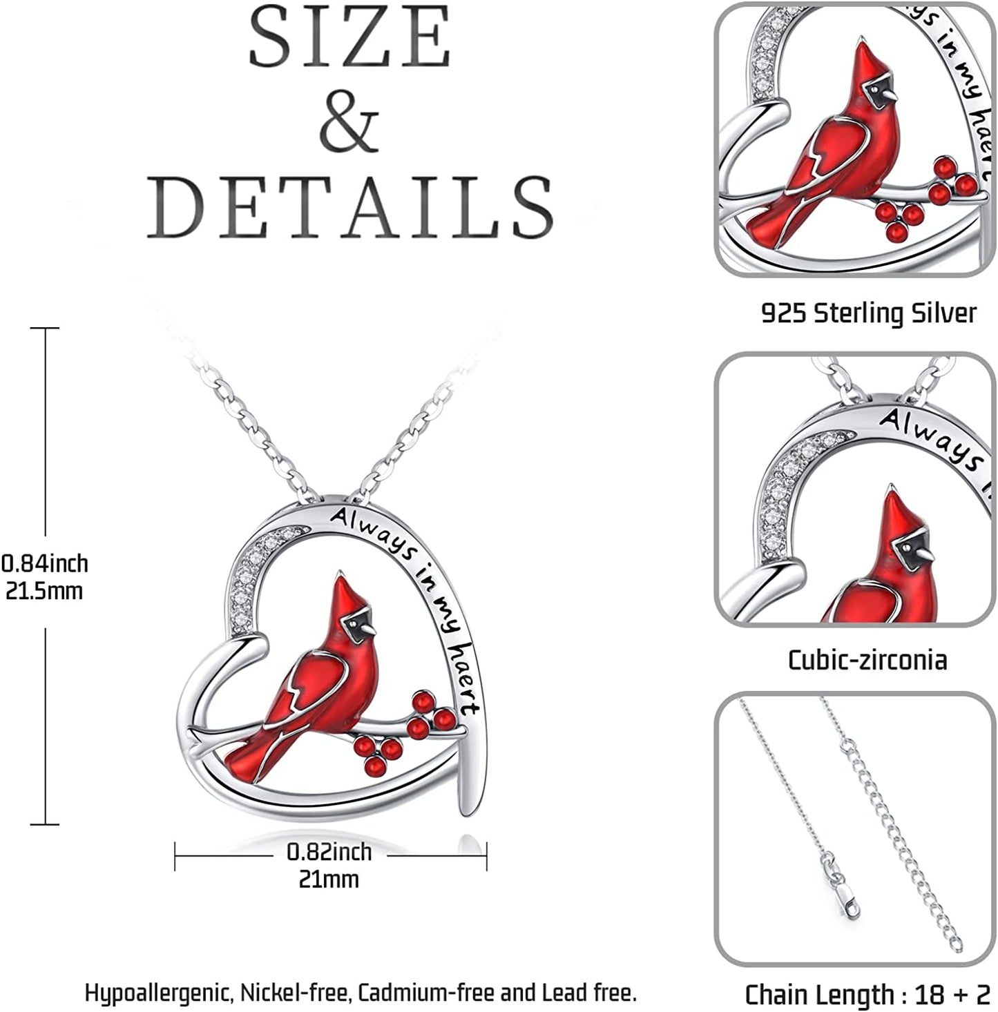 Cardinal Gifts 925 Sterling Silver Heart Cardinal Red Bird Necklace Memorial Gift Cardinal Jewelry for Women Girl
