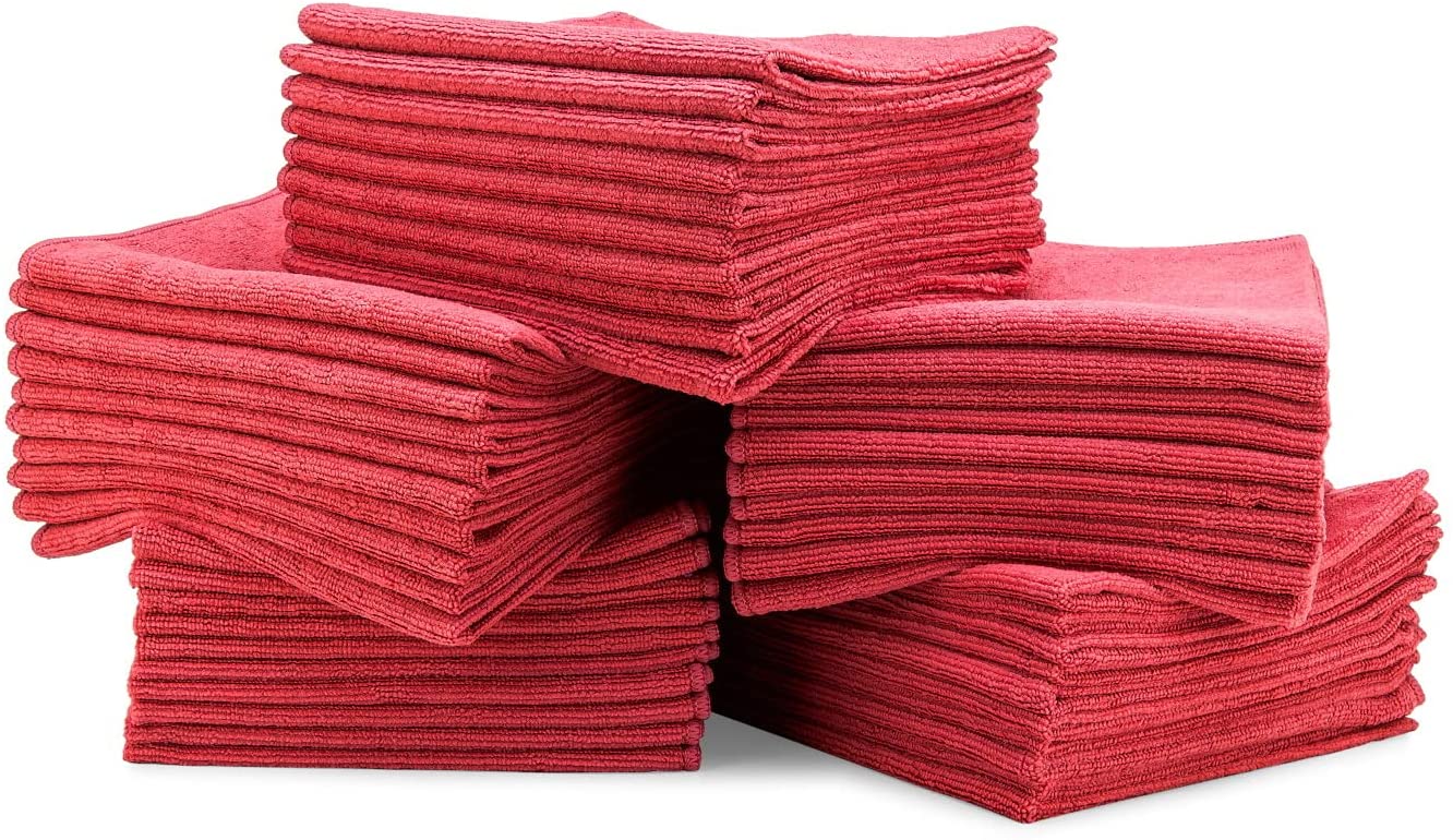 16" x 16" Economy All Purpose Microfiber Towels - 50 Pack - Reusable Wash Cloths, Dust, Kitchen, Car, Shop Rags for Cleaning (Red)