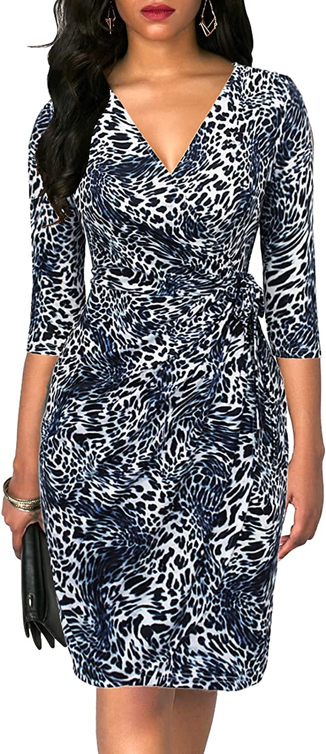 Women's Classic 3/4 Sleeve V Neck Sheath Casual Party Work Faux Black Wrap Dress