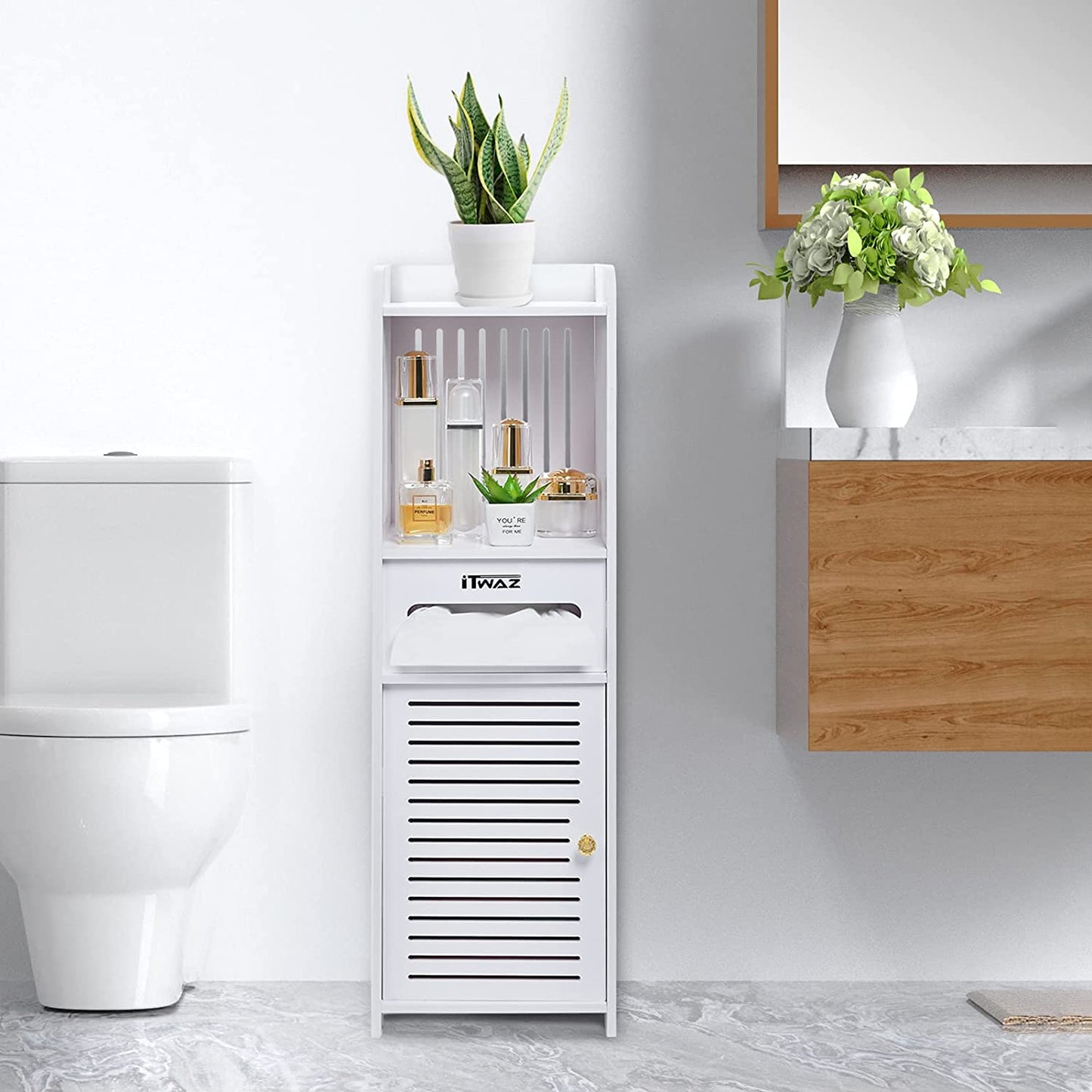 Multipurpose Bathroom Standing Cabinet with Single Door and 3-Layer, Free-Standing Shelves for Living Room Bathroom Storage Cabinet,9.8" Lx9.8 Wx31.5 H White B