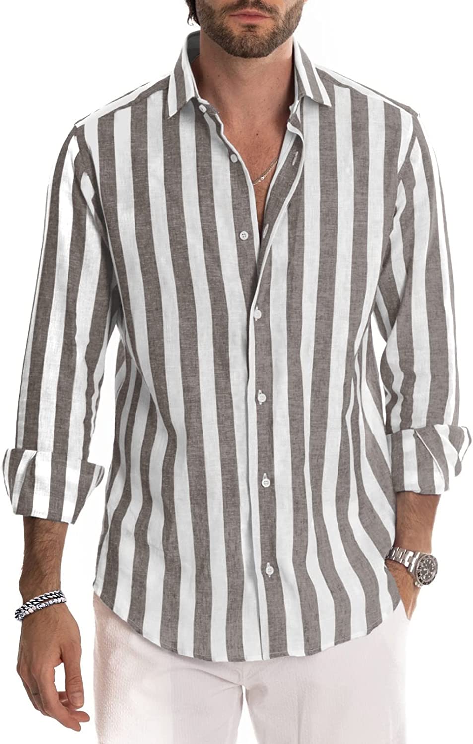 Men's Casual Long Sleeve Button-Down Shirts Striped Dress Shirts Cotton Shirt