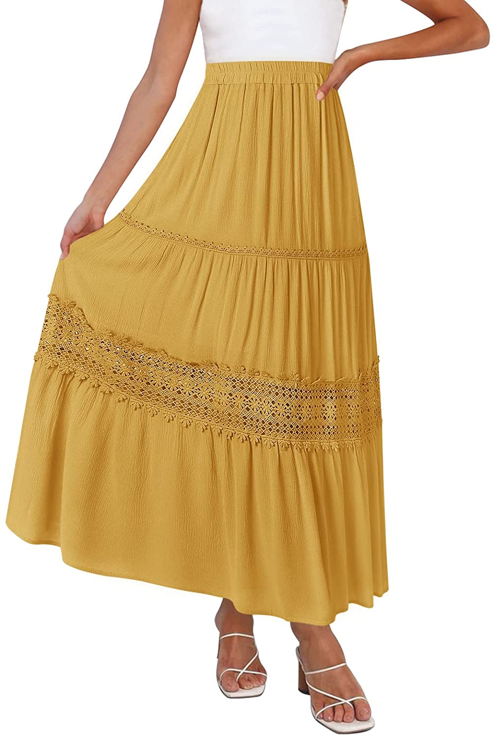 Women's Boho Elastic High Waist Pleated A-line Ruffle Lace Trim Tiered Midi Maxi Skirt with Pockets