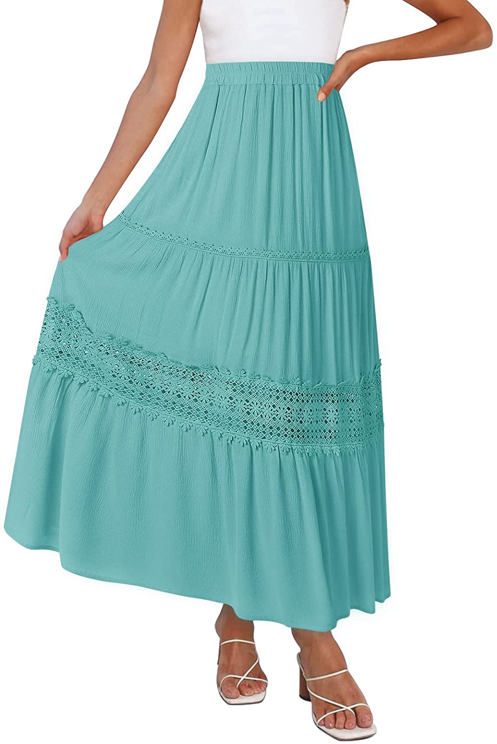 Women's Boho Elastic High Waist Pleated A-line Ruffle Lace Trim Tiered Midi Maxi Skirt with Pockets