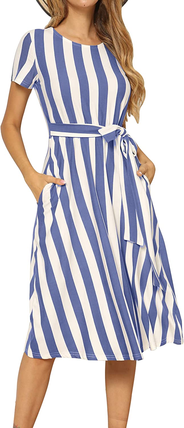 Women's Short Sleeve Striped Casual Flowy Midi Belt Dress with Pockets
