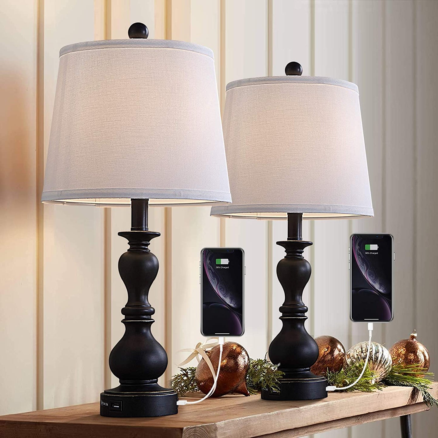Resin Table Lamp Sets of 2 for Bedroom Living Room Plug in Bedside Nightstand Lamps with 2 USB Ports, 22in Farmhouse Table Lamp Set, 2-Pack (Antique White)
