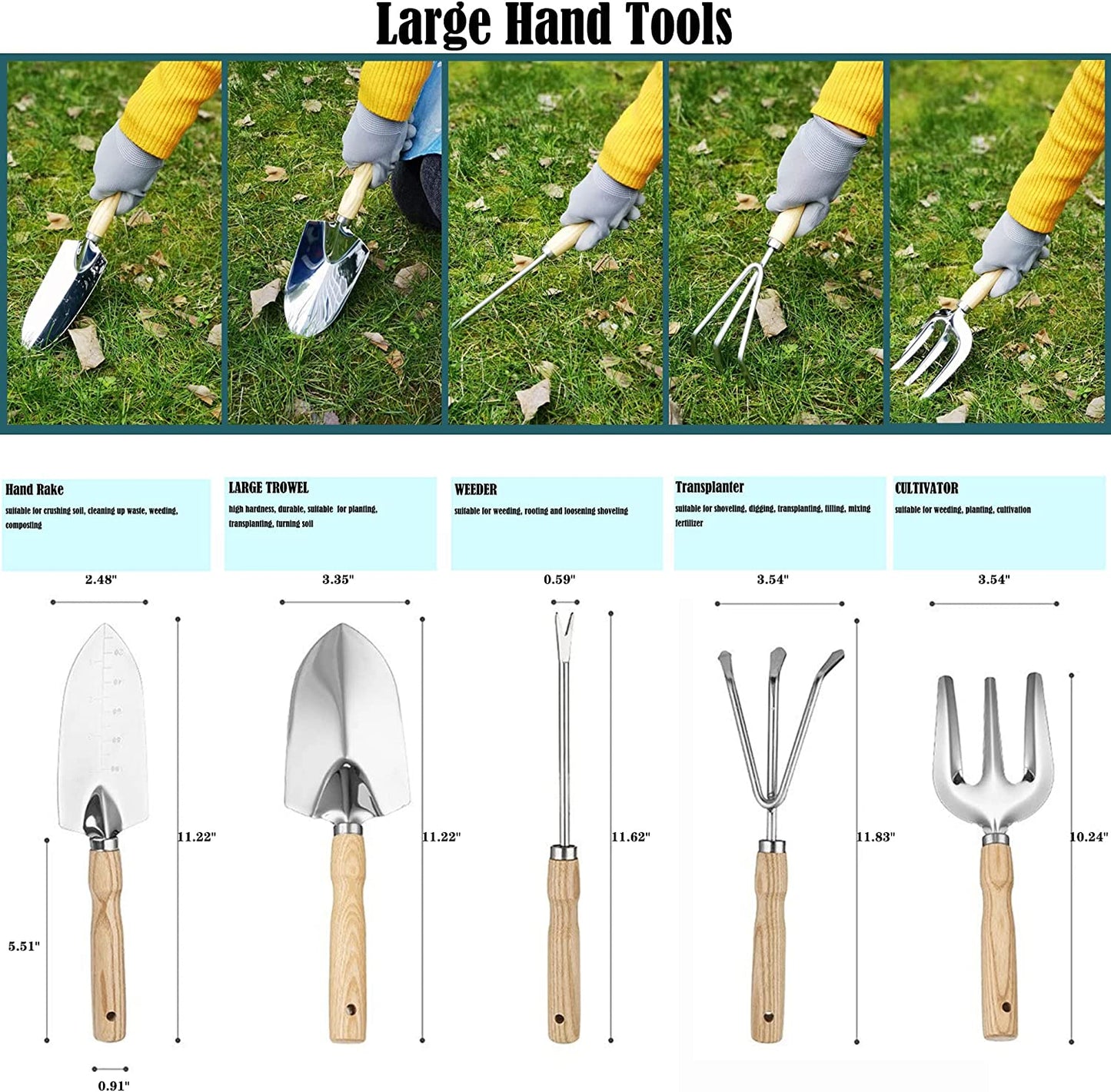 Milcil Garden Tool Set, 16 Piece Stainless Steel Heavy Duty Gardening Tool Set, with Wood Grip, Storage Box, Ideal Garden Tool Kit Gift for Women/Parent/Children
