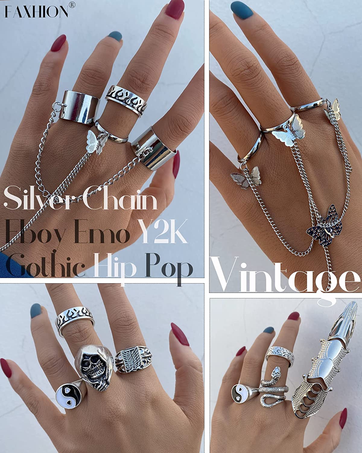 Vintage Silver Chain Punk Finger Rings for Men Women Girls,Cool Gothic Hip Pop Adjustable Full Four Open Rings,Statement Stackable Rings Set,Skull Snake Butterfly Flower Heart Eboy Emo Y2K Ring Set