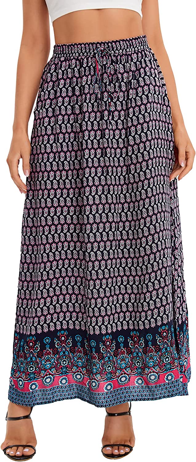 Women's Boho Vintage Print Pockets Side A Line Maxi Skirt