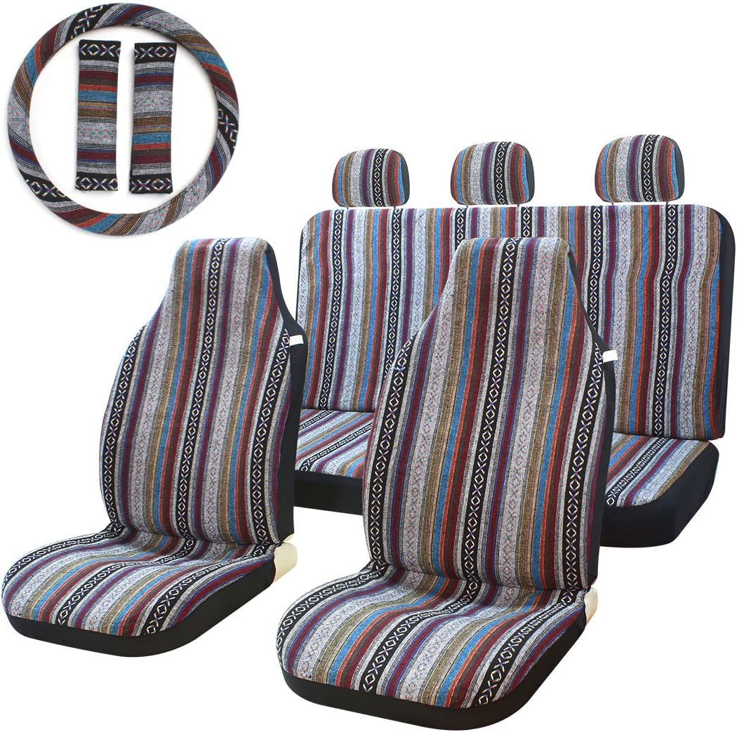Car Seat Covers Multi-Color Baja Saddle Blanket Weave Bucket Seat Cover Fit for Sedan Cars & Vans with 15" Steering Wheel Cover