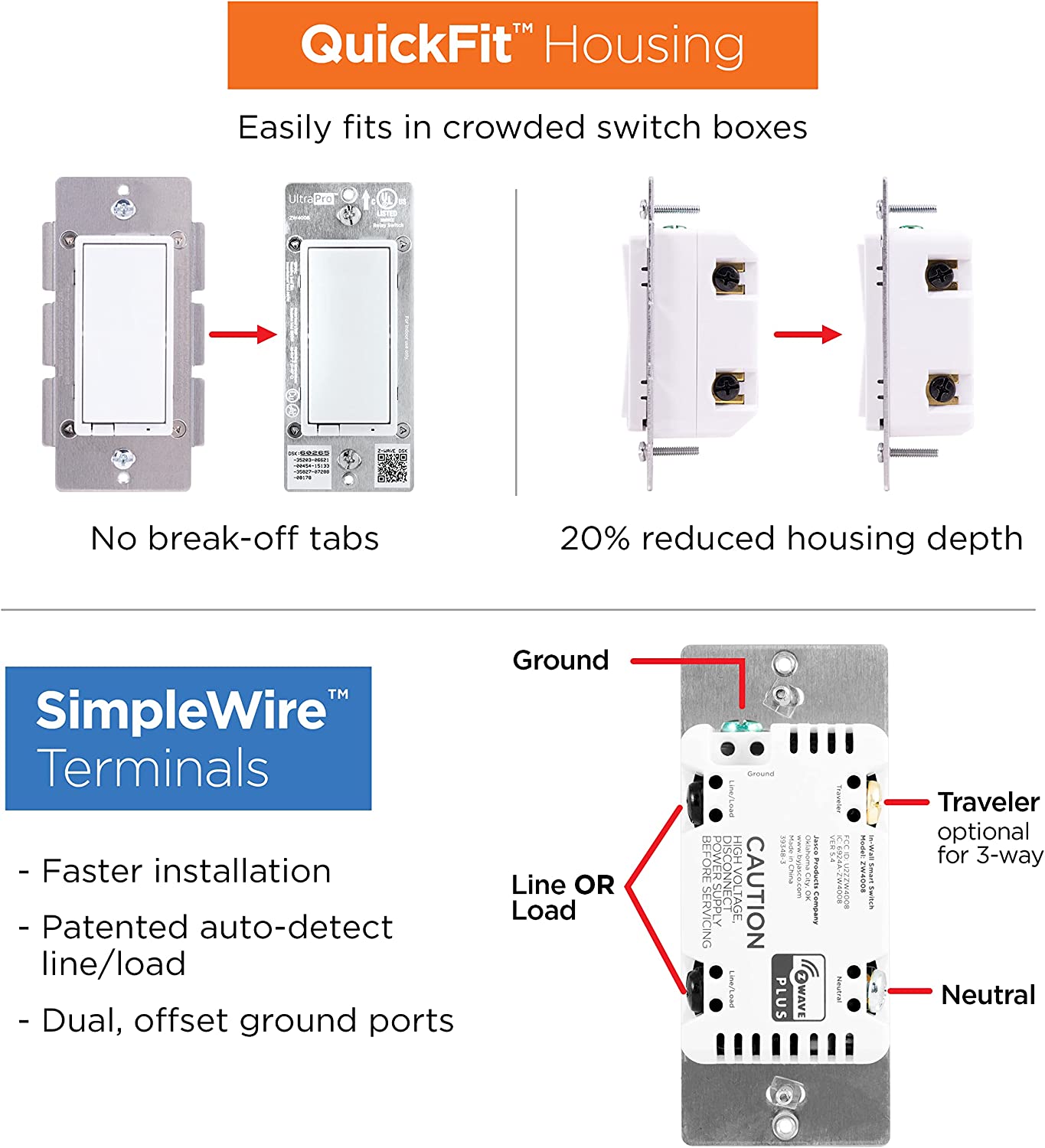 UltraPro Z-Wave Smart Rocker Light Switch with QuickFit and SimpleWire, 3-Way Ready, Compatible with Alexa, Google Assistant, ZWave Hub Required, Repeater/Range Extender, White Paddle Only, 39348