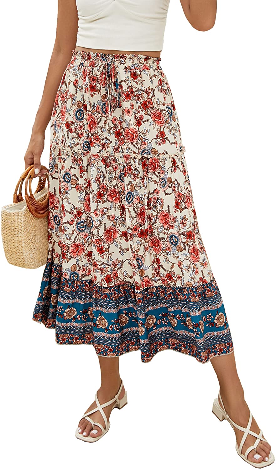 Women's Skirts Boho Floral Printed Elastic High Waist A Line Maxi Skirt with Pockets
