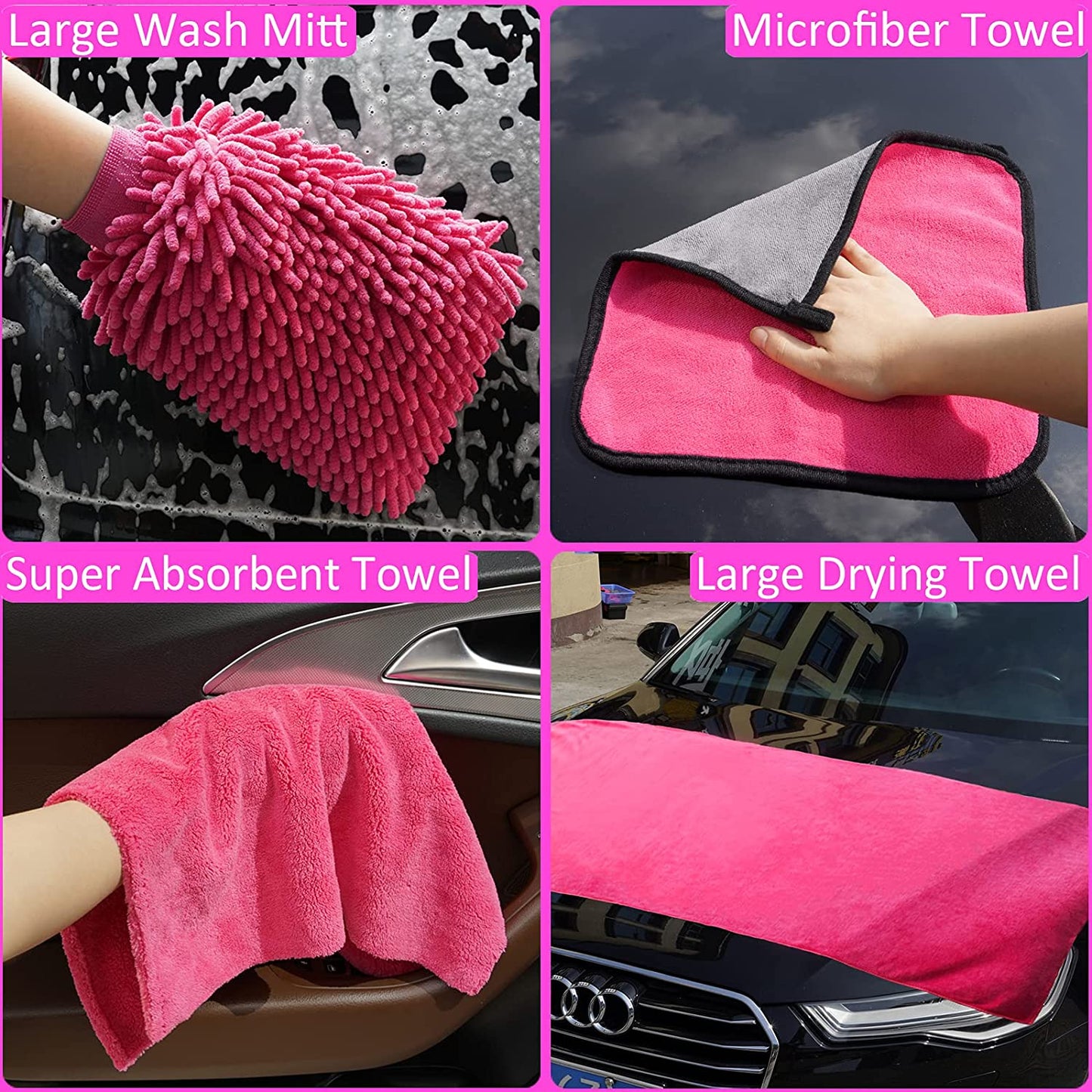 29Pcs Car Cleaning Kit Wash Tools Set with 41" Long Handle Brush Mop, Extendable Long Pole Window Water Scraper, Wash Mitt Large Towels, Storage Box for Interior and Exterior Detailing, Pink