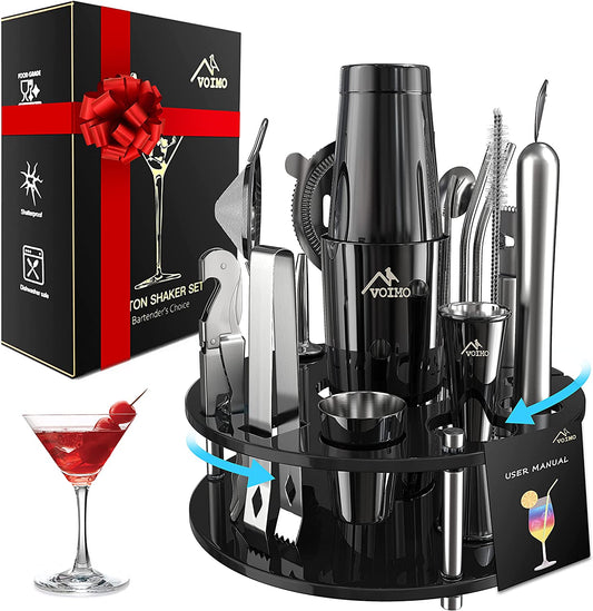 Bartender Kit, VOIMO Premium Cocktail Shaker Boston Shaker Set with Rotating Acrylic Stand & Cocktail Recipes, Bar Tools Set for Home or Professional Bartending, Perfect Cocktail Set for Drink Mixing