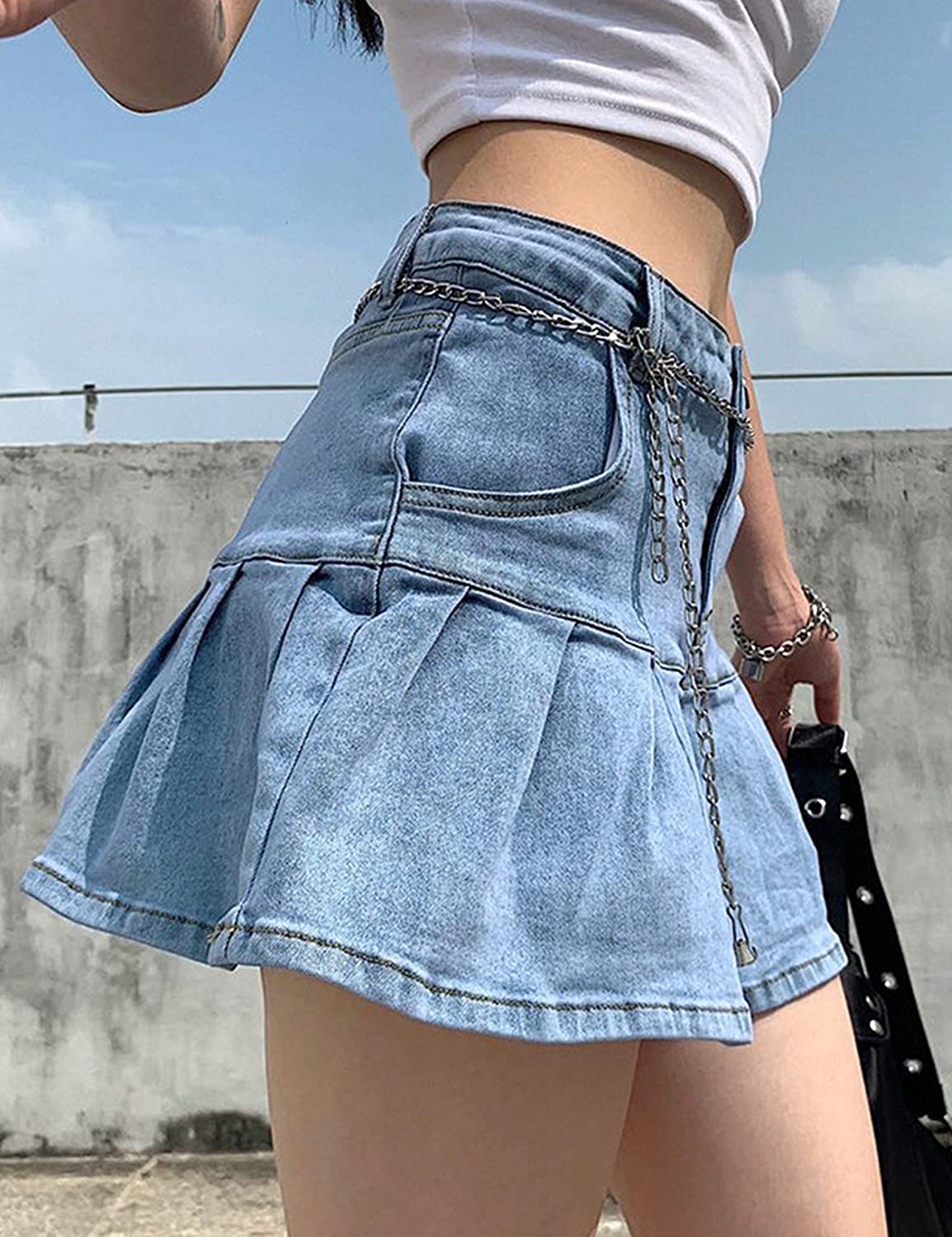 Women's Casual Slim A-line Pleated Ruffle Short Mini Denim Skirts